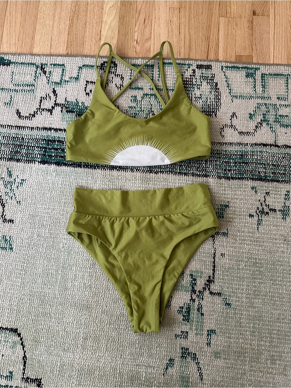 Free People Olive Green Two-Piece Bikini Set with White Sun Graphic